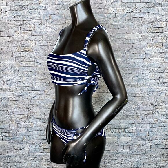Aerie Scoop Bikini Striped Side Tie Size Medium Navy Blue White Wide Strap - Picture 2 of 5